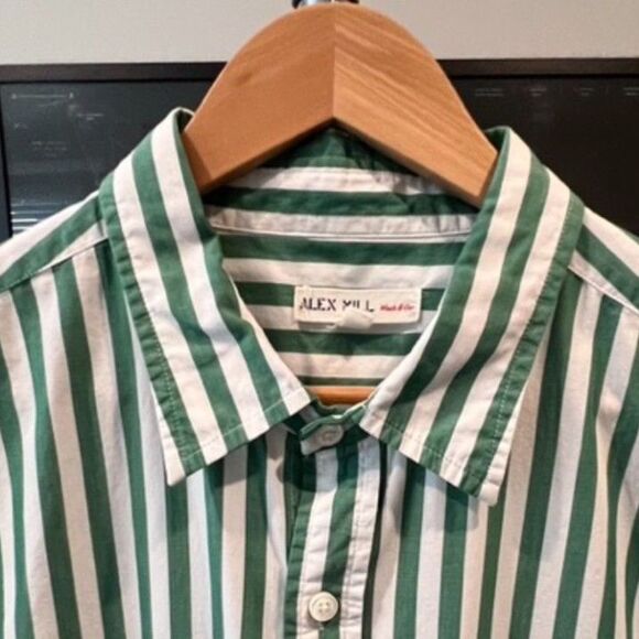 Alex Mill - Striped Wash and Go Poplin LS Shirt - Green, White - Picture 3 of 6